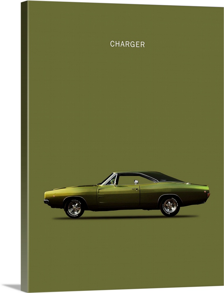 Photograph of an olive green Dodge Charger printed on a dark green background