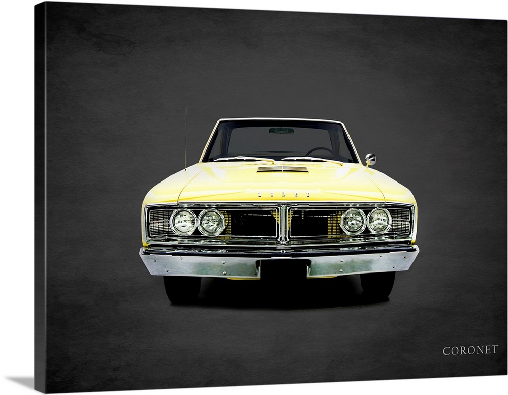 Photograph of a yellow 1966 Dodge Coronet printed on a black background with a dark vignette.