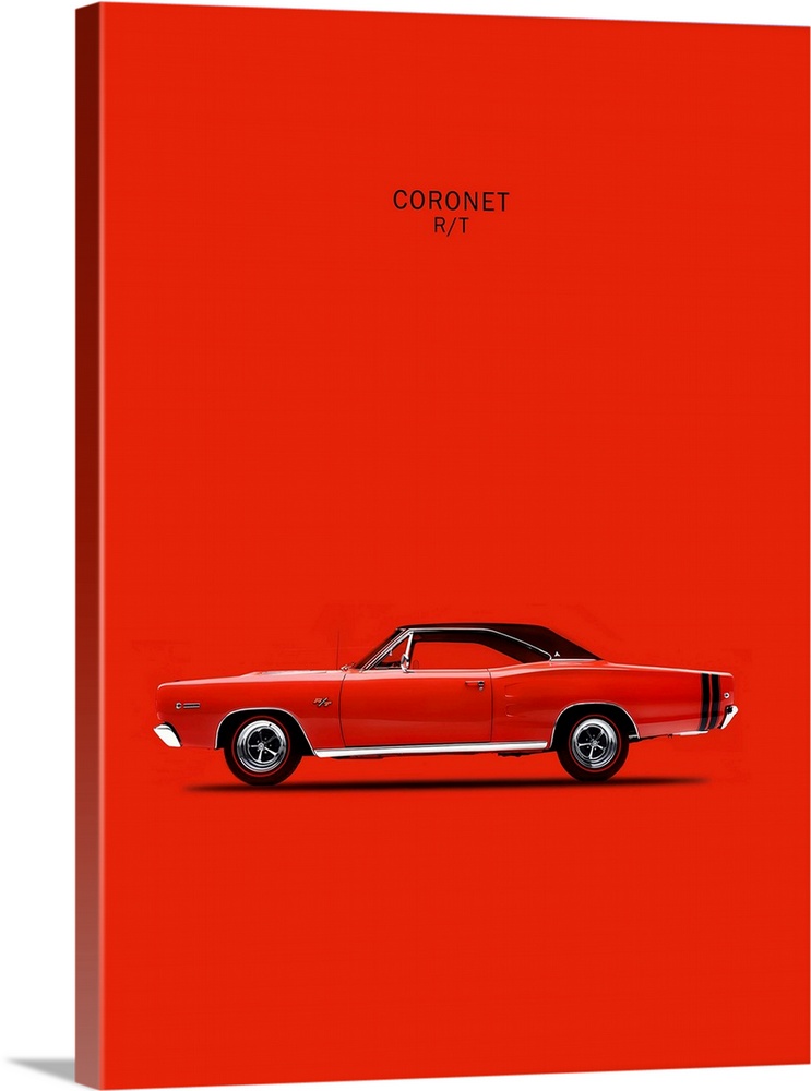 Photograph of a bright red Dodge Coronet RT426 Hemi 1968 printed on a red background