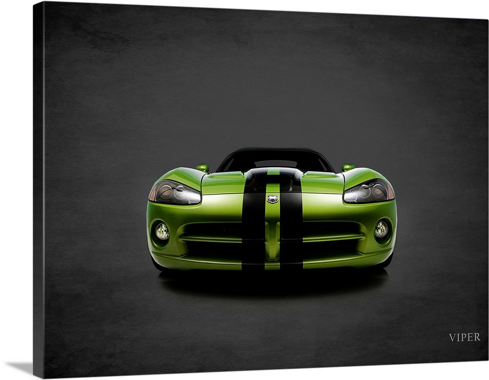 Photograph of a green Dodge Viper with black stripes printed on a black background with a dark vignette.