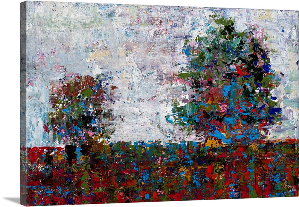 Abstract landscape with two trees created with many colors and small, layered brushstrokes.