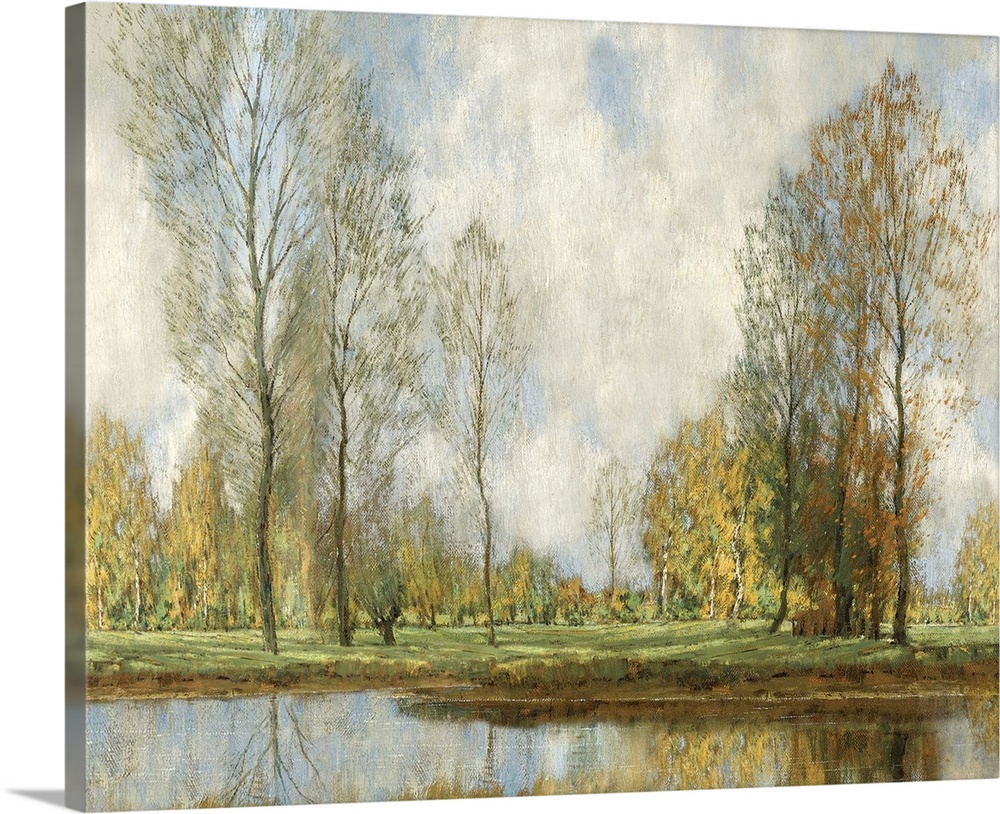Landscape painting of tall slender trees overlooking a tranquil pond.