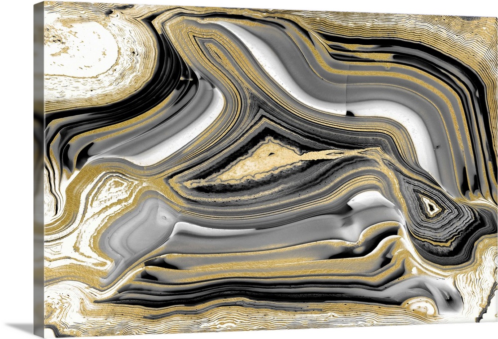 Decor with a gold, white, black, and gray agate pattern.
