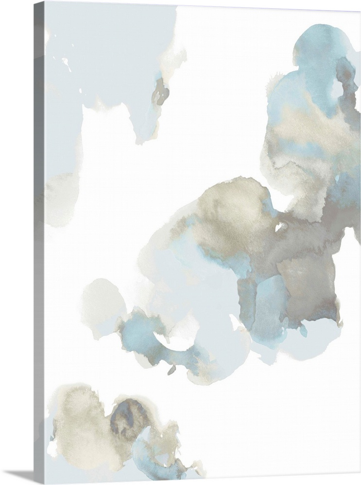 Abstract painting with light blue and gray hues splattered together on a white background.