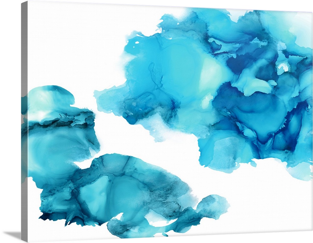 Abstract painting with aqua hues splattered together on a white background.