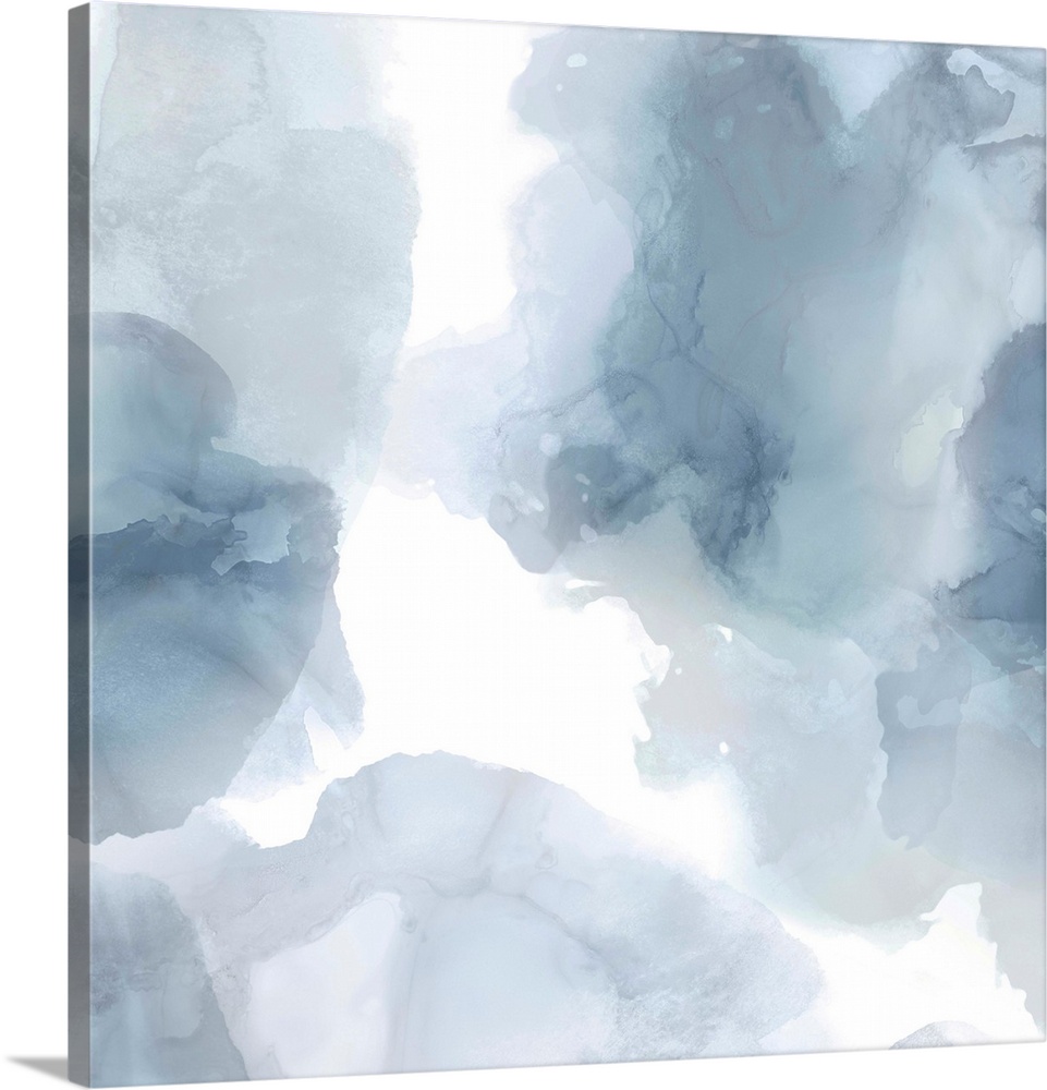 Abstract painting with translucent blue and gray hues splattered together on a white background.