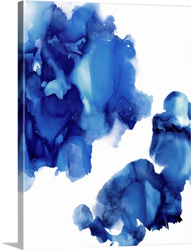 Abstract painting with indigo hues splattered together on a white background.