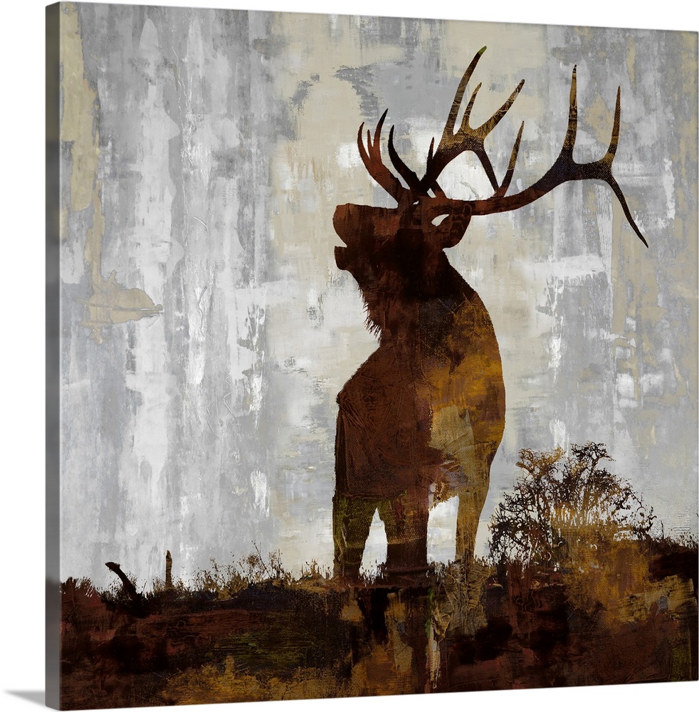 Square decor with a brown and gold silhouette of an elk on a gray, tan, and white background.