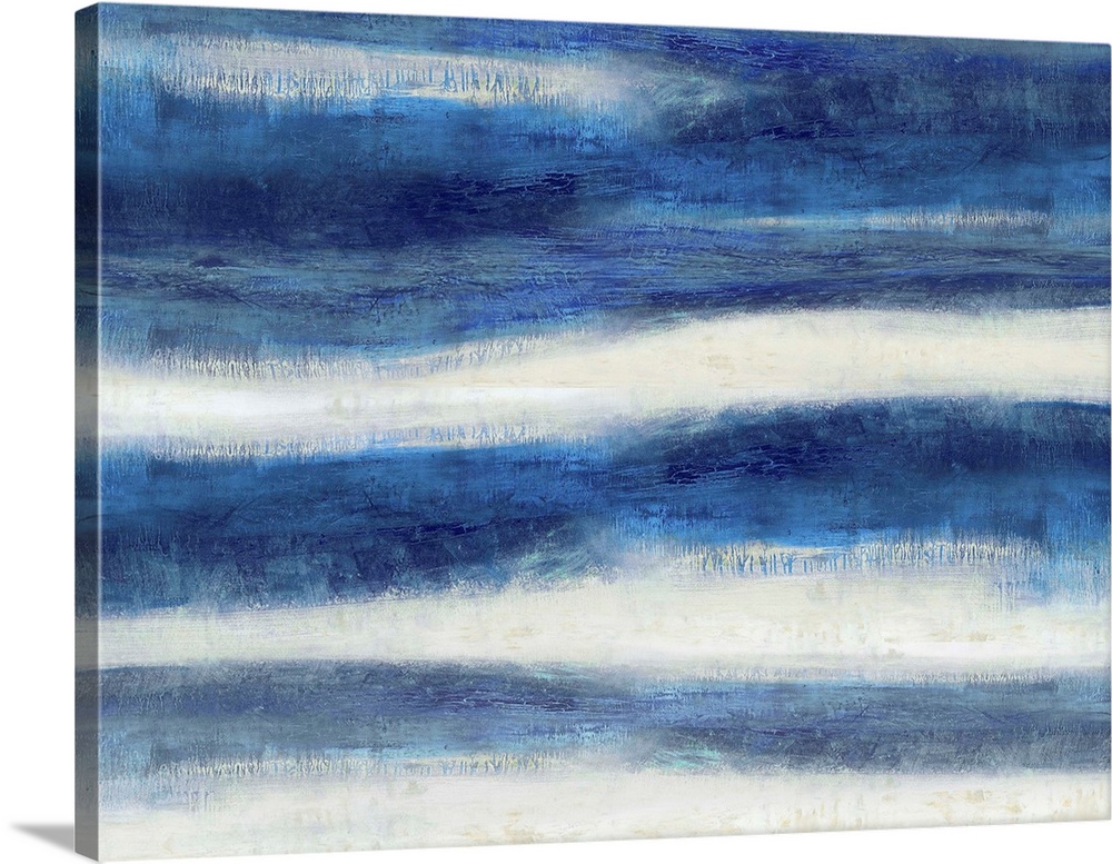 Large abstract painting created with wavy indigo lines running horizontally across the canvas.