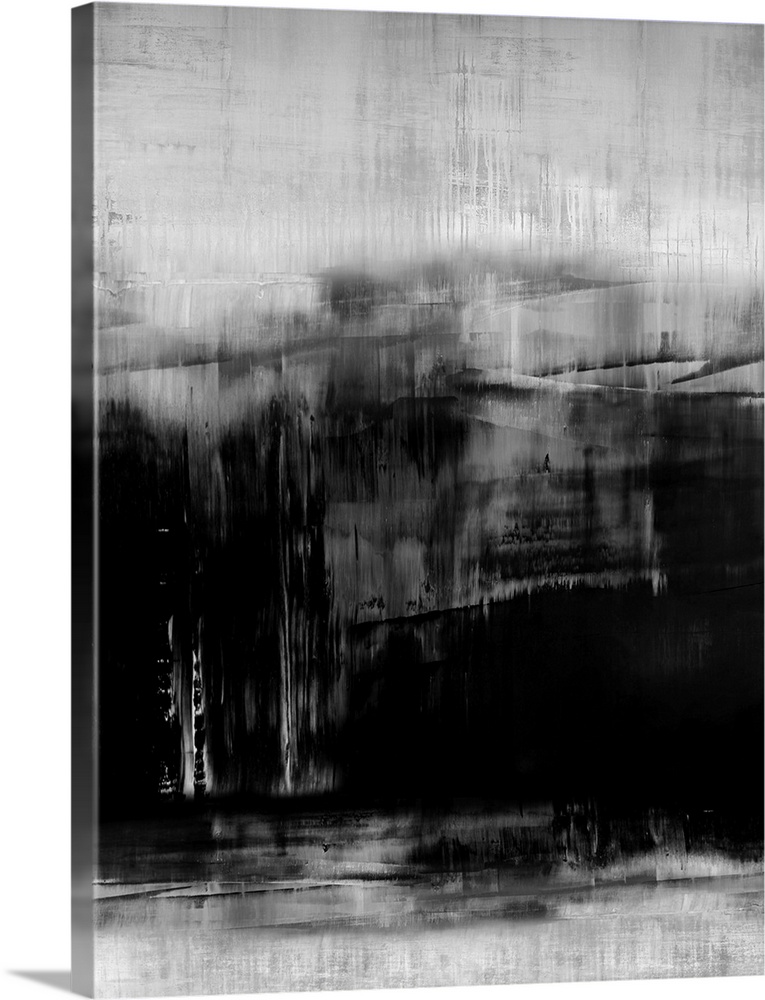 Abstract artwork of vertical brush strokes in black and white with visible horizontal lines throughout.