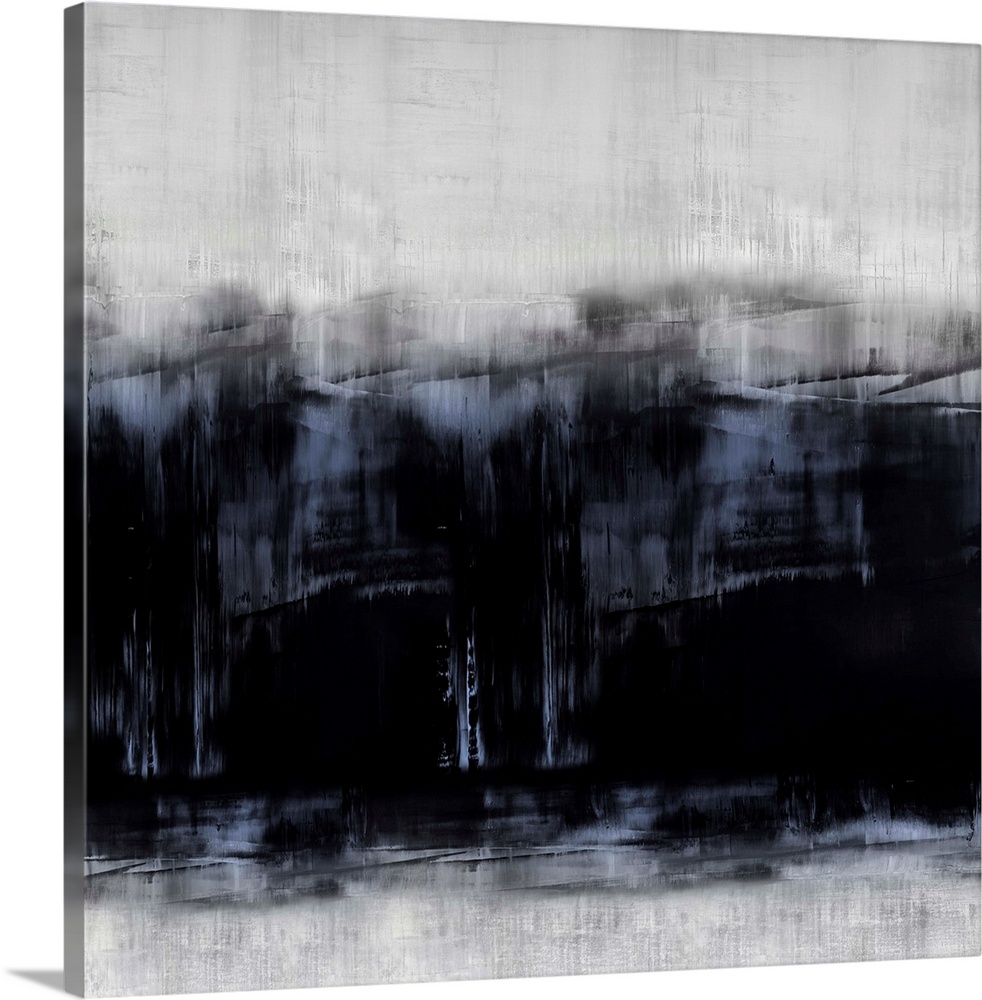 Abstract artwork of vertical brush strokes in black, blue and white with visible horizontal lines throughout.