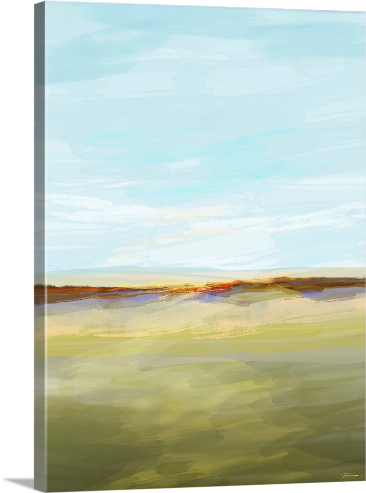 Abstract landscape created with translucent layers of color, creating an open field with a blue sky.