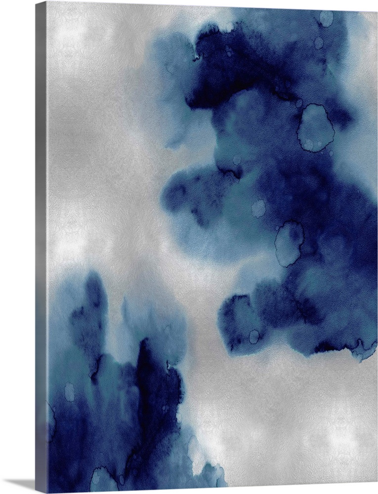 Abstract painting with indigo hues splattered together on a silver background.
