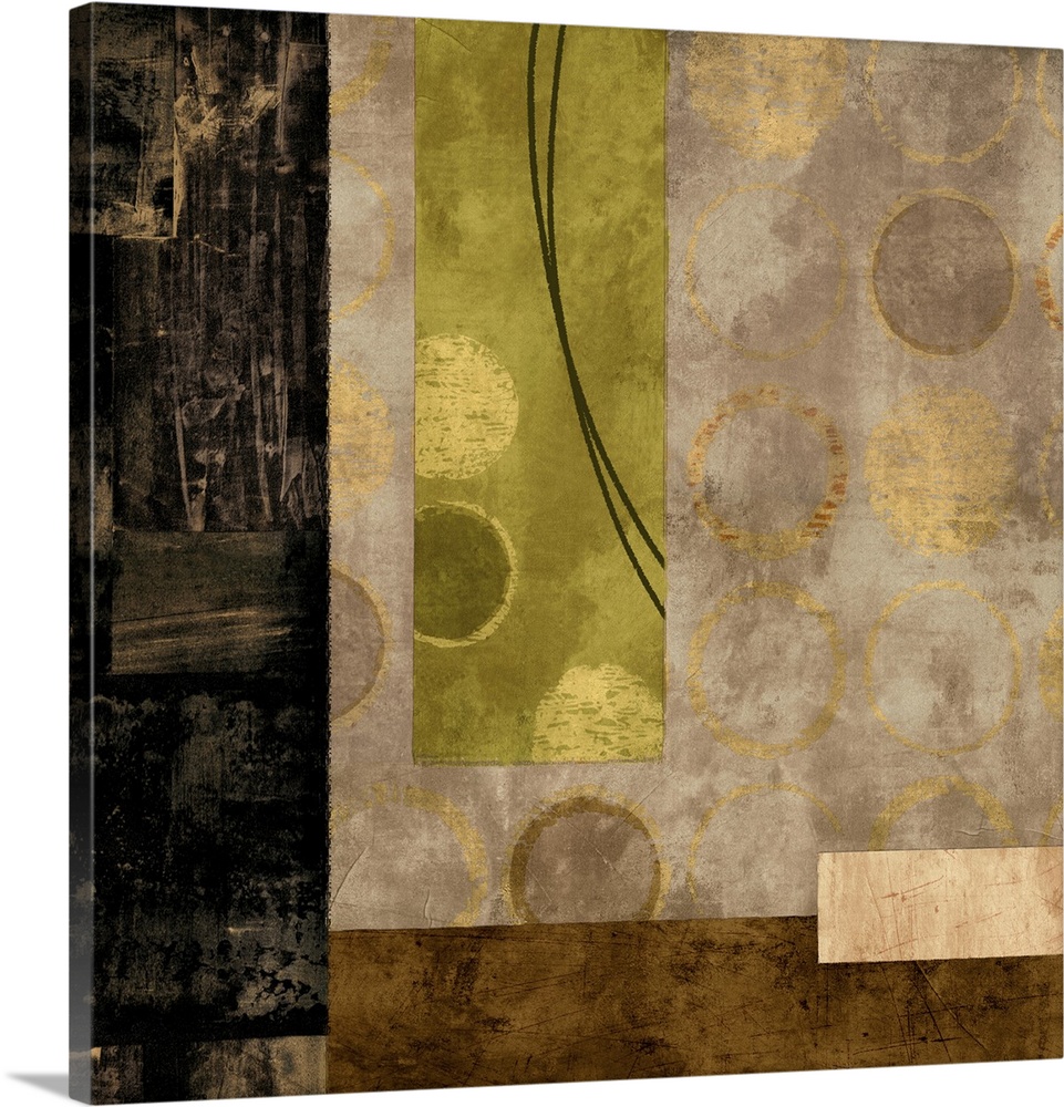Square abstract with black, gold, cream, and olive green rectangles and metallic gold circles,