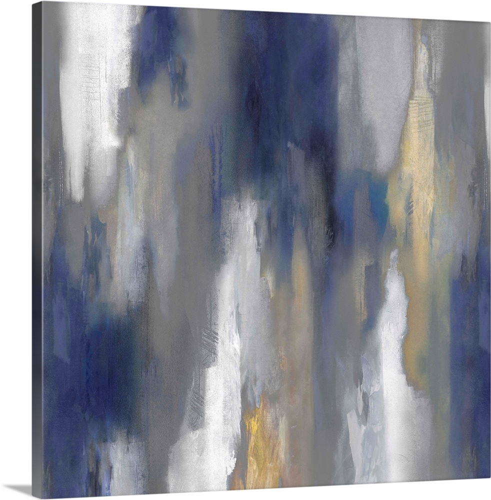 Square abstract painting with hazy shades of blue, gray, white, and gold smearing down the canvas.