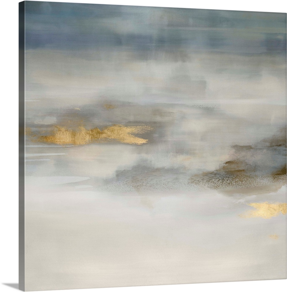 Contemporary abstract artwork in muted blue-green and white tones with gold colored brush accents.
