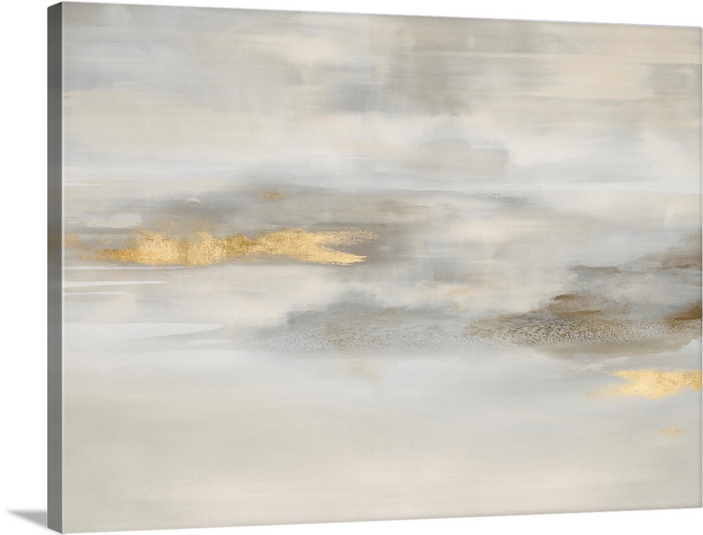 Contemporary abstract artwork in muted beige and white tones with gold colored brush accents.