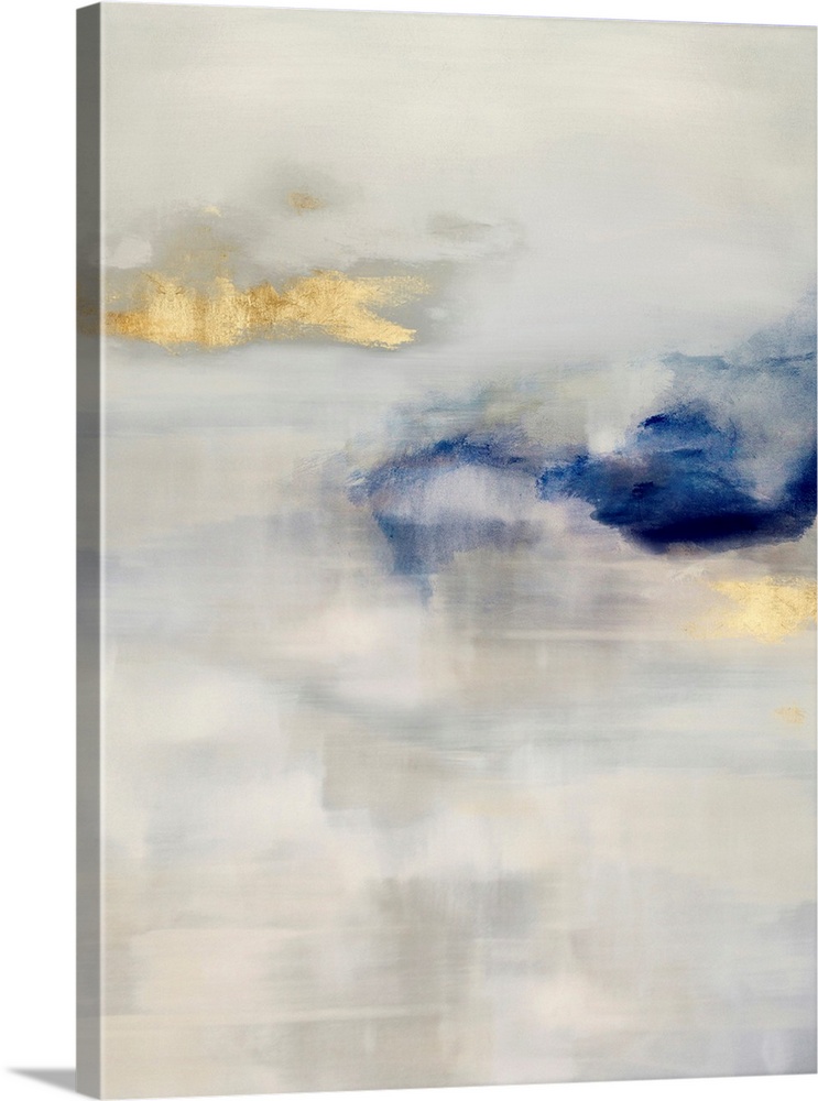 Contemporary abstract artwork in muted blue and white tones with gold colored brush accents.