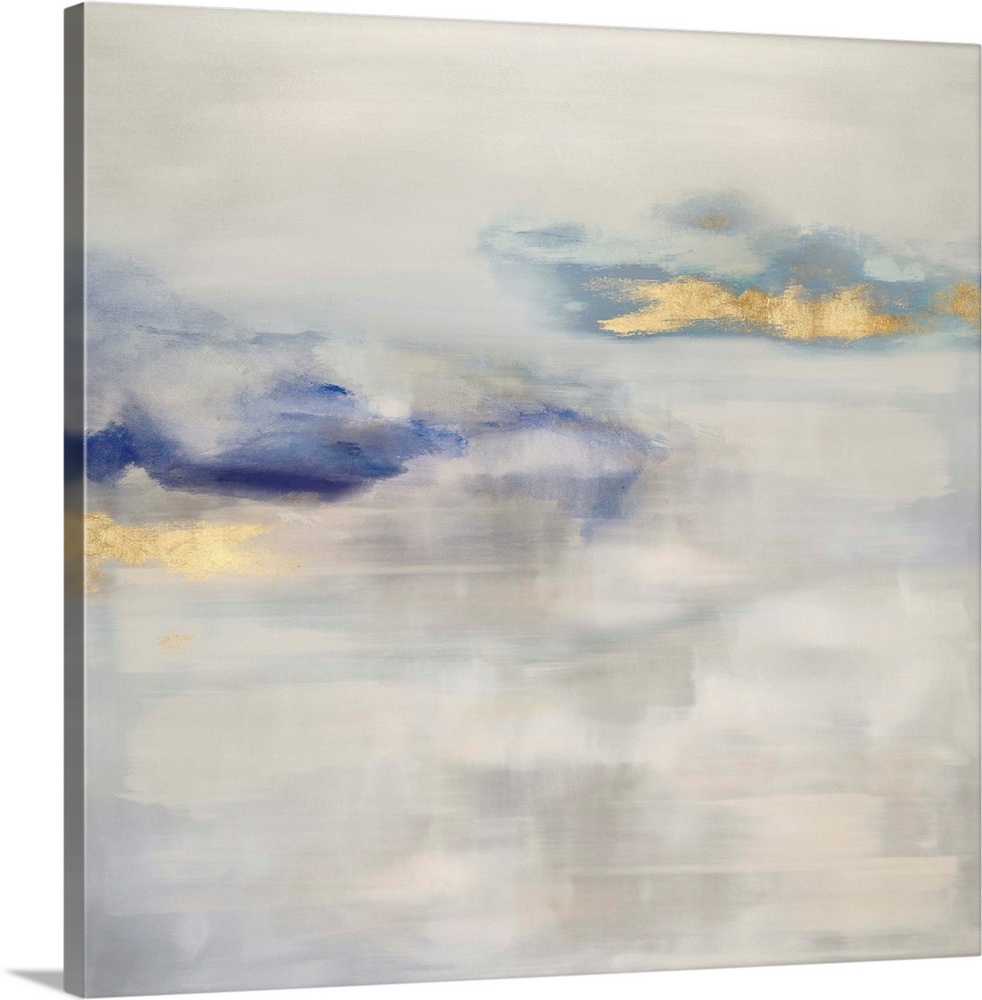 Contemporary abstract artwork in muted blue and white tones with gold colored brush accents.