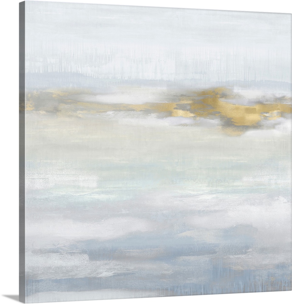 Contemporary abstract artwork in muted blue and gray tones with gold colored brush accents.