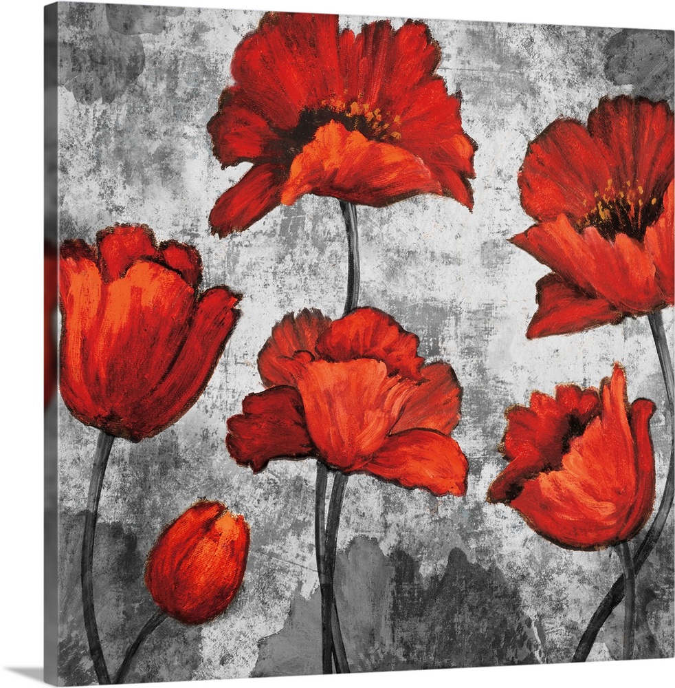 Square decor with six red poppies on a background made with grey tones and a few grey poppies.