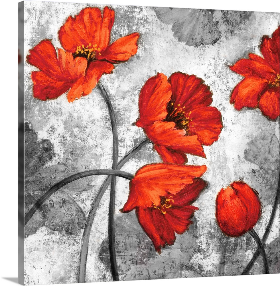 Square decor with five red poppies on a background made with grey tones and a few grey poppies.