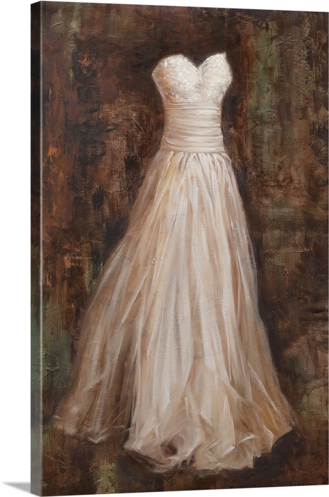 Contemporary painting of a fancy white strapless dress on a background created with shades of brown and hints of green.