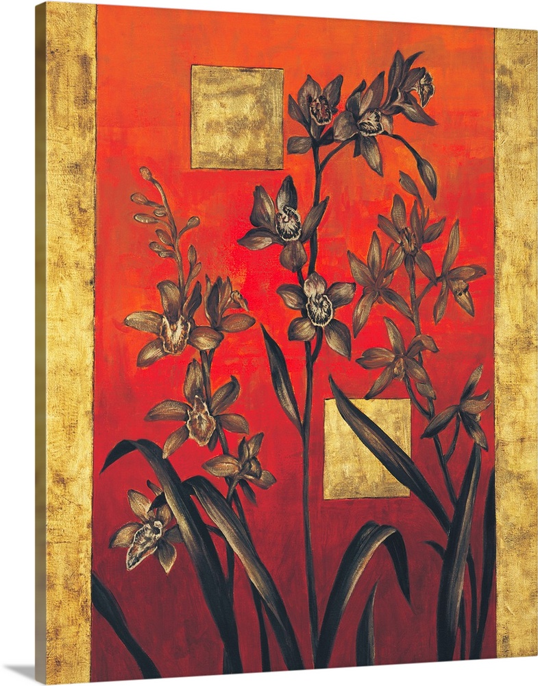Contemporary painting of lilies on a bold red background with two golden squares and a vertical gold line on each side.