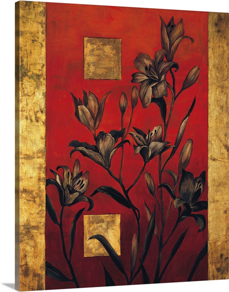 Contemporary painting of lilies on a bold red background with two golden squares and a vertical gold line on each side.