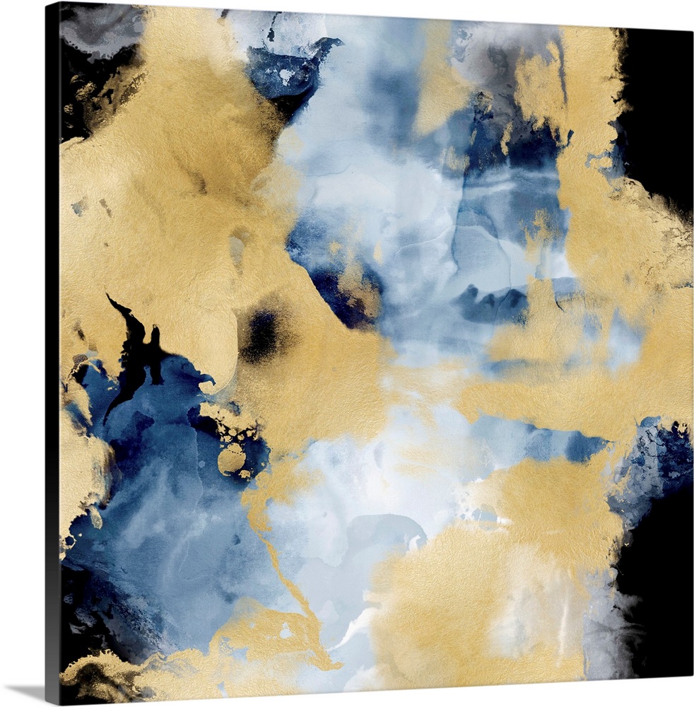 Square abstract decor in indigo, white, black, and metallic gold hues.