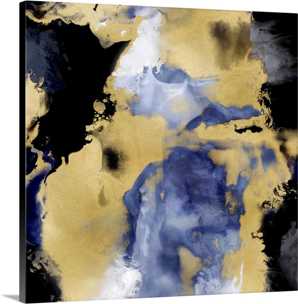 Square abstract decor in indigo, white, black, and metallic gold hues.