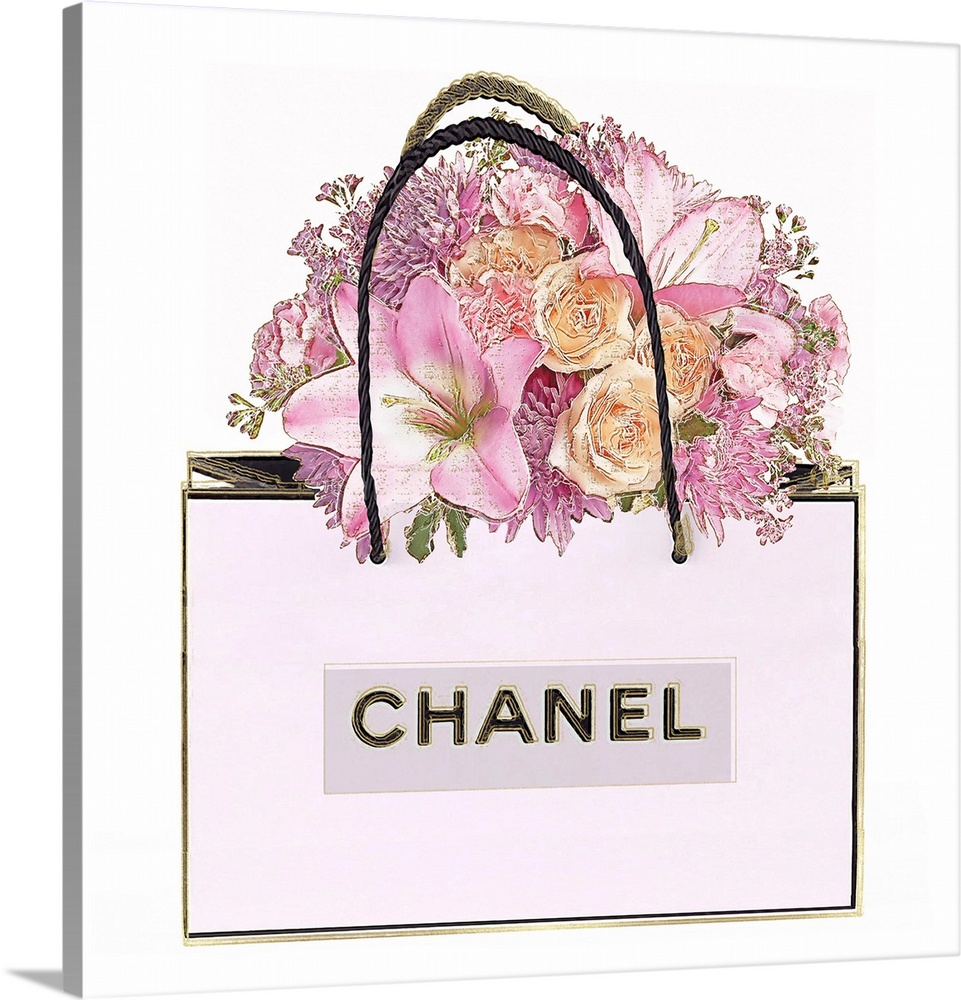 A bouquet of flowers sits atop a shopping bag.