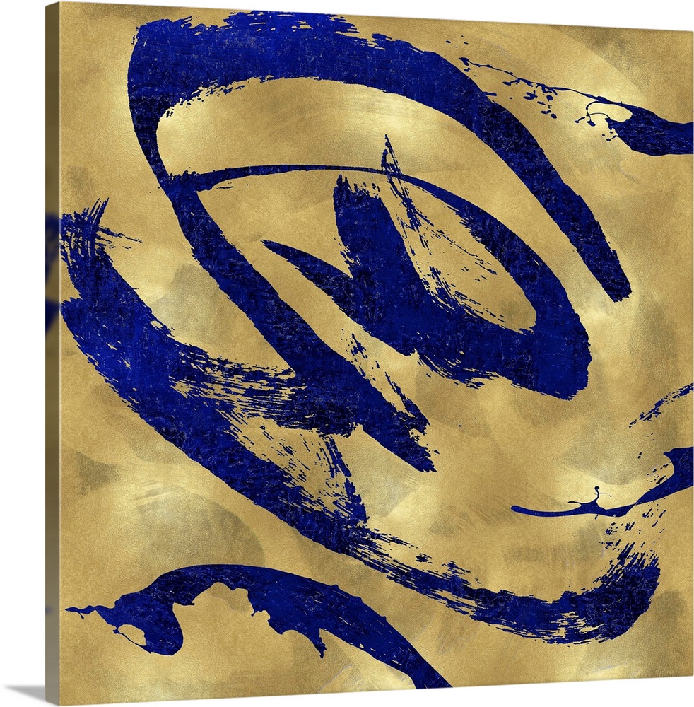 Gestural and energetic brush strokes in blue decorate a mottled gold color background in this contemporary artwork.