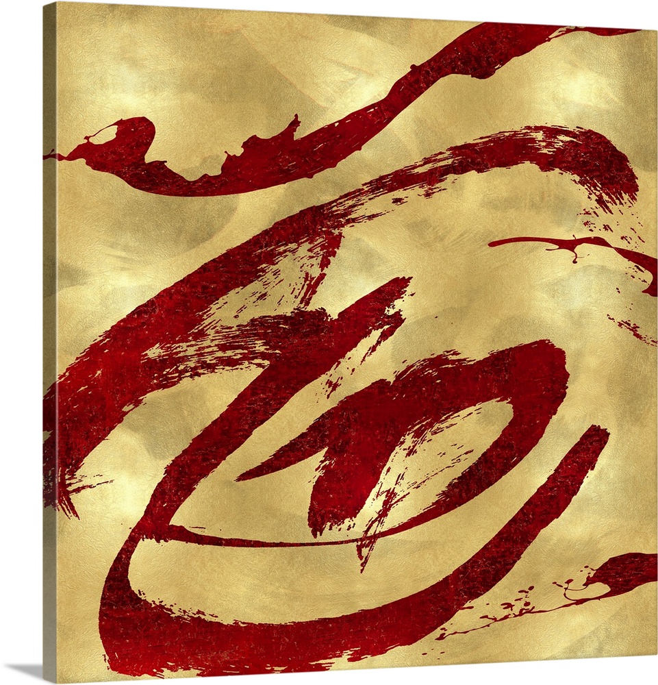 Gestural and energetic brush strokes in red decorate a mottled gold color background in this contemporary artwork.