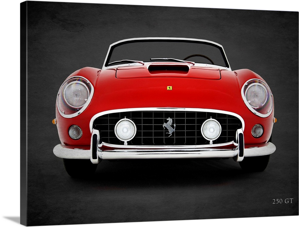 Photograph of a red Ferrari 250 GT printed on a black background with a dark vignette.
