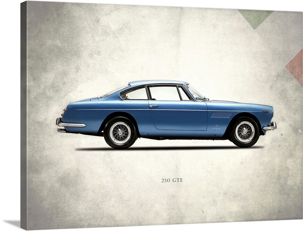 Photograph of a blue Ferrari 250GTE 1962 printed on a distressed white and gray background with part of the Italian flag i...