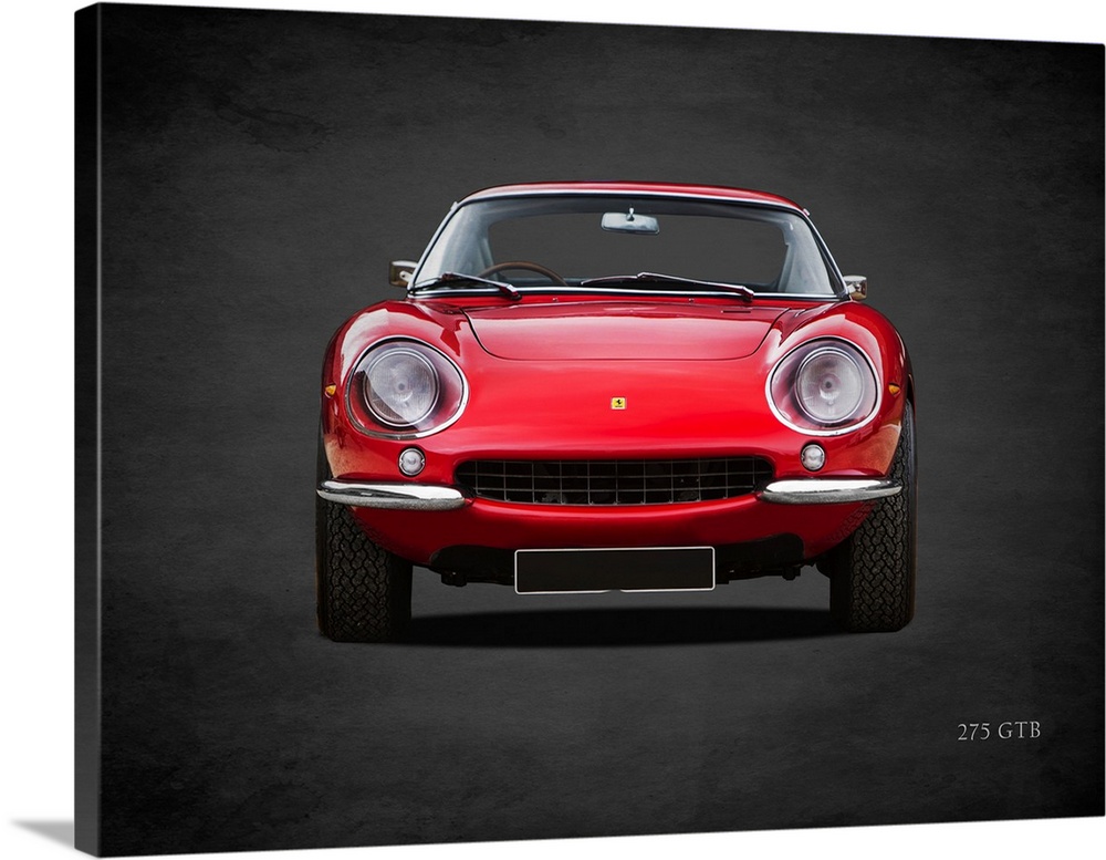 Photograph of a red 1966 Ferrari 275 GTB printed on a black background with a dark vignette.