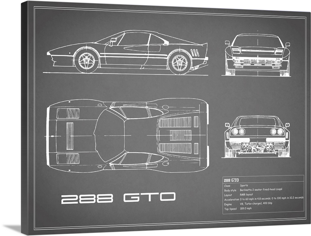 Antique style blueprint diagram of a Ferrari 288 GTO printed on a Grey background.