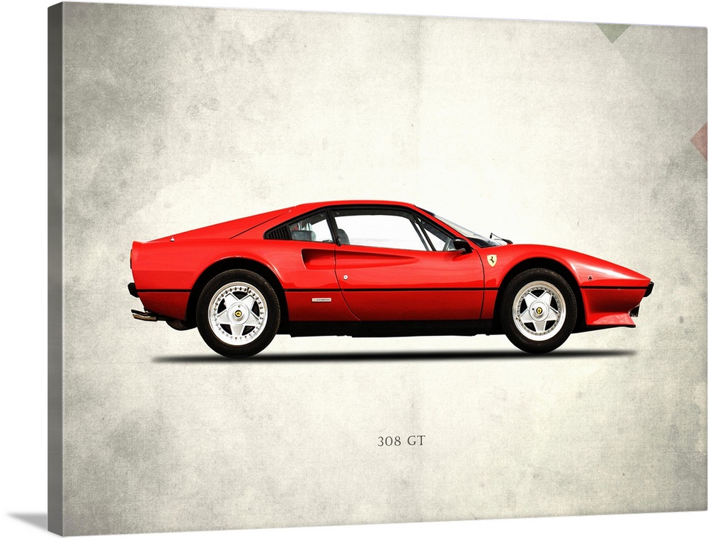 Photograph of a red Ferrari 308GT Berlinetta 1977 printed on a distressed white and gray background with part of the Itali...