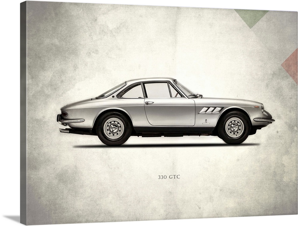 Photograph of a silver Ferrari 330GTC 1968 printed on a distressed white and gray background with part of the Italian flag...