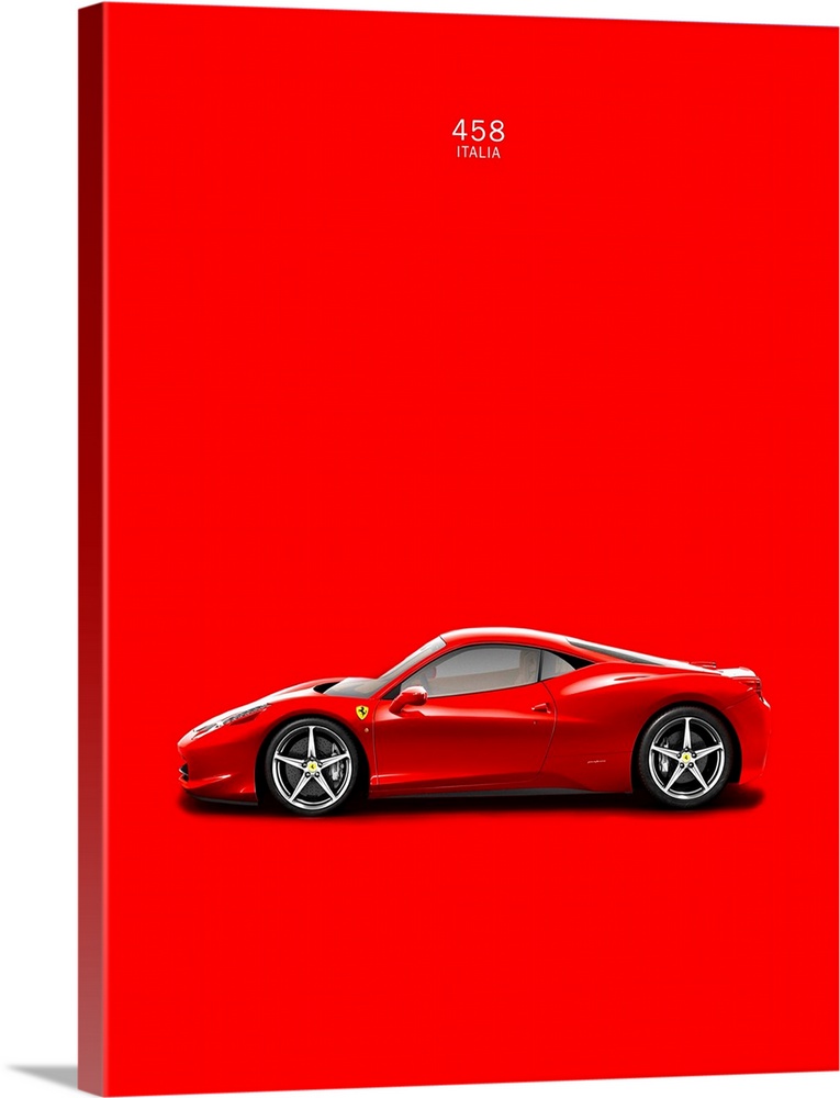 Photograph of a bright red Ferrari 458 Italia printed on a red background