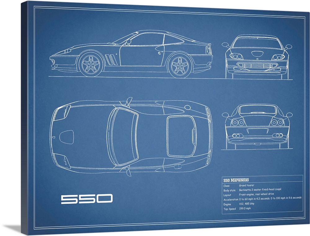 Antique style blueprint diagram of a Ferrari 550 printed on a Blue background.