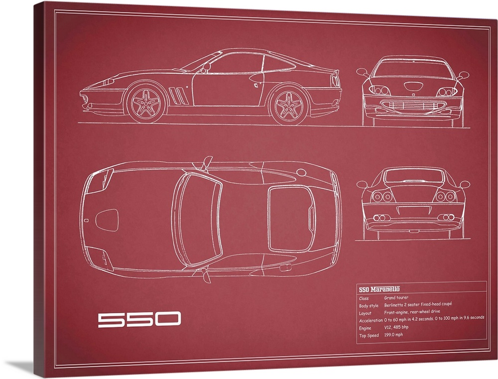 Antique style blueprint diagram of a Ferrari 550 printed on a Maroon background.