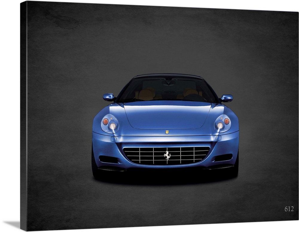 Photograph of a blue Ferrari 612 printed on a black background with a dark vignette.