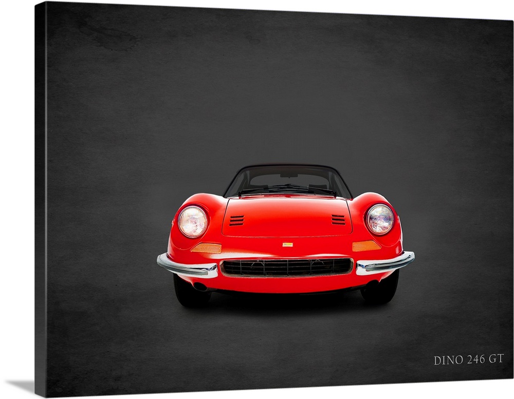 Photograph of a red 1969 Ferrari Dino 246GT printed on a black background with a dark vignette.