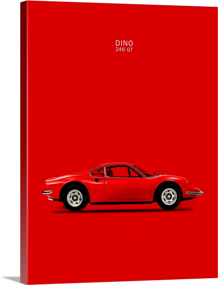 Photograph of a bright red Ferrari Dino 246GT 69 printed on a red background
