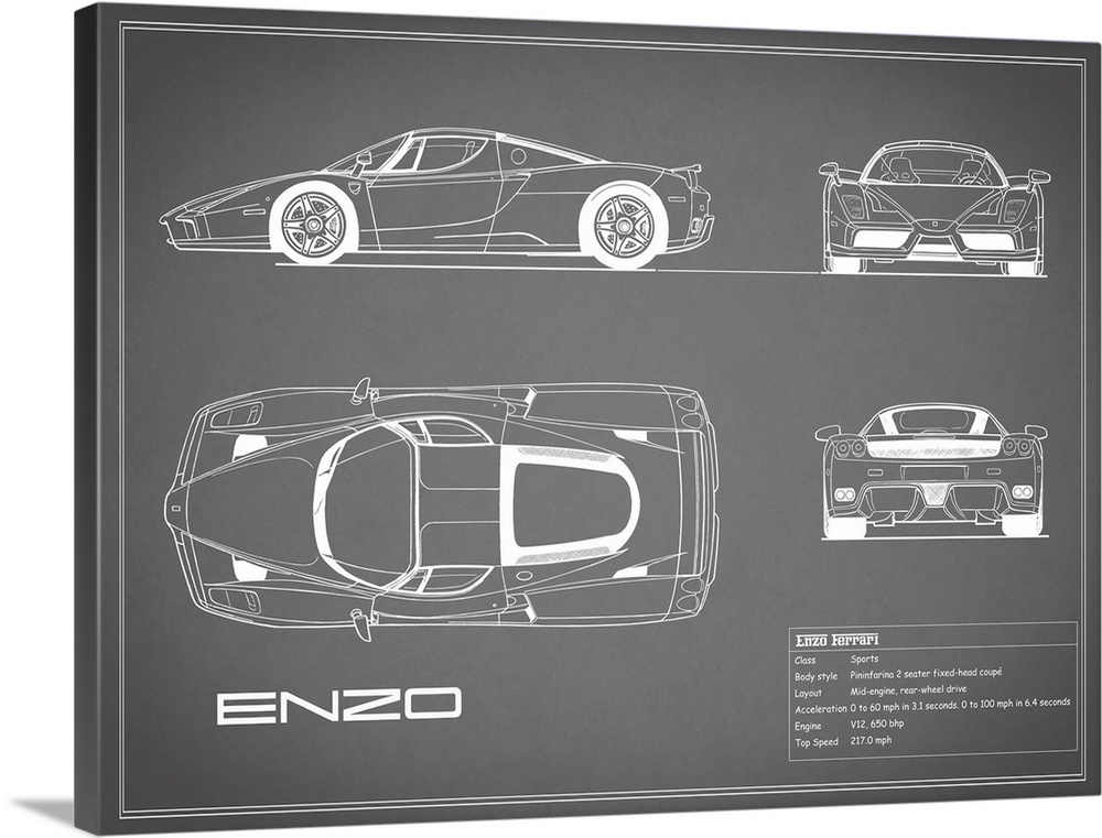 Antique style blueprint diagram of a Ferrari Enzo printed on a Grey background.