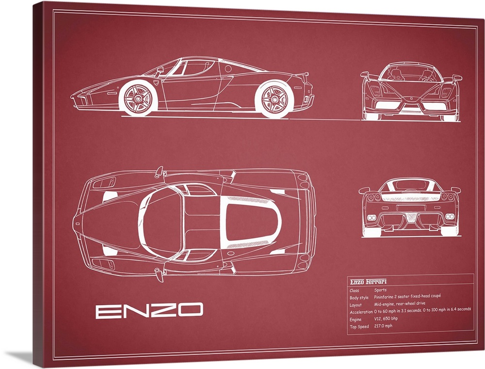 Antique style blueprint diagram of a Ferrari Enzo printed on a Maroon background.