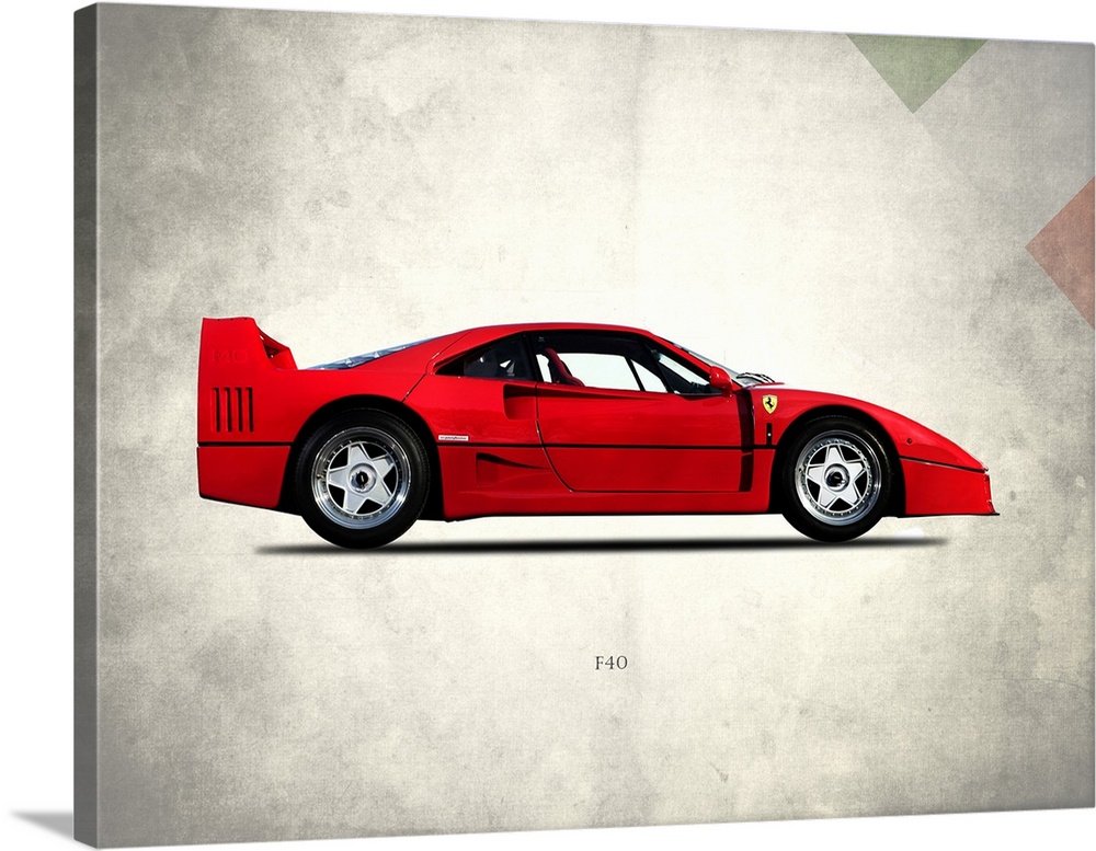 Photograph of a red Ferrari F40 Berlinette 1992 printed on a distressed white and gray background with part of the Italian...