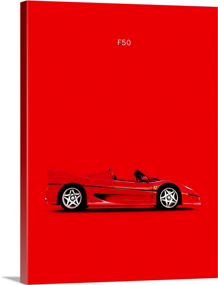 Photograph of a bright red Ferrari F50 printed on a red background